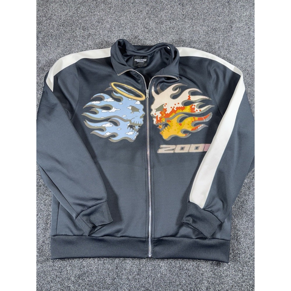 Rockstar Original Track Jacket XL Black Zip Up 2008‎ Flames Skull Streetwear
